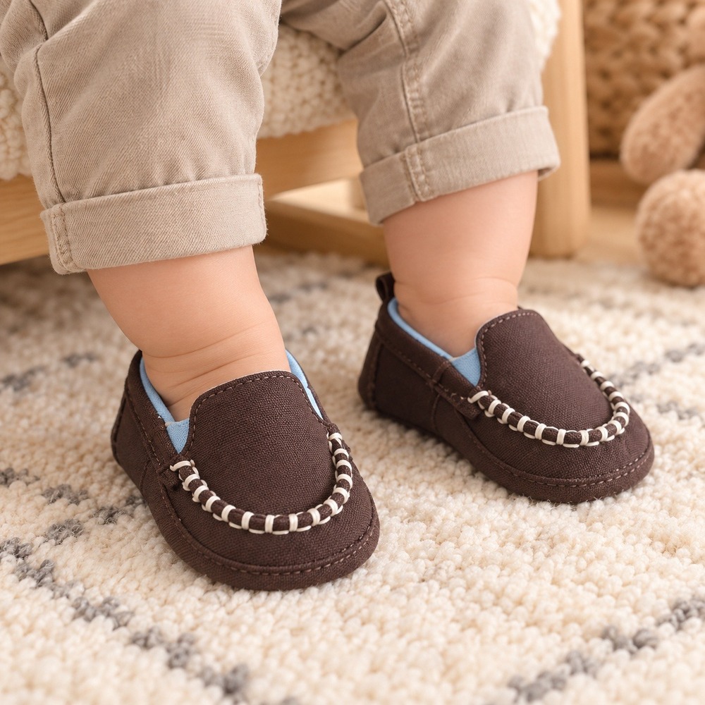 Stepping Stones Baby Boy Brown Canvas Loafers Moccasins Size 2 3-6 Months NWT